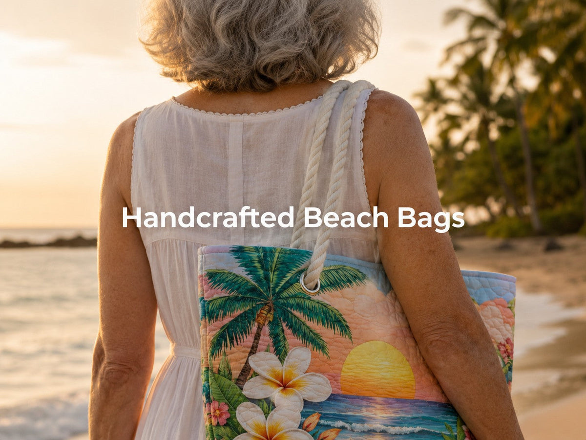 A woman walking on the beach at sunset with a handcrafted quilted beach bag