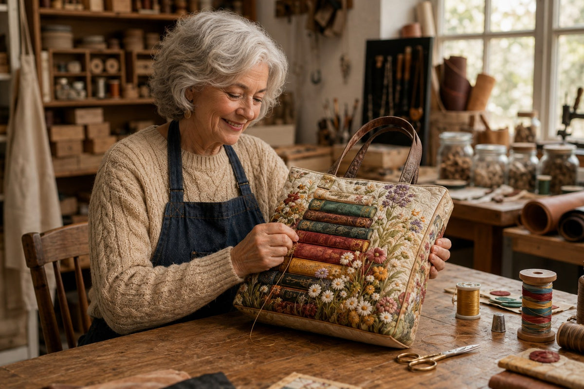 A Harriet Oxford maker stitching a handcrafted book-print bag in the workshop