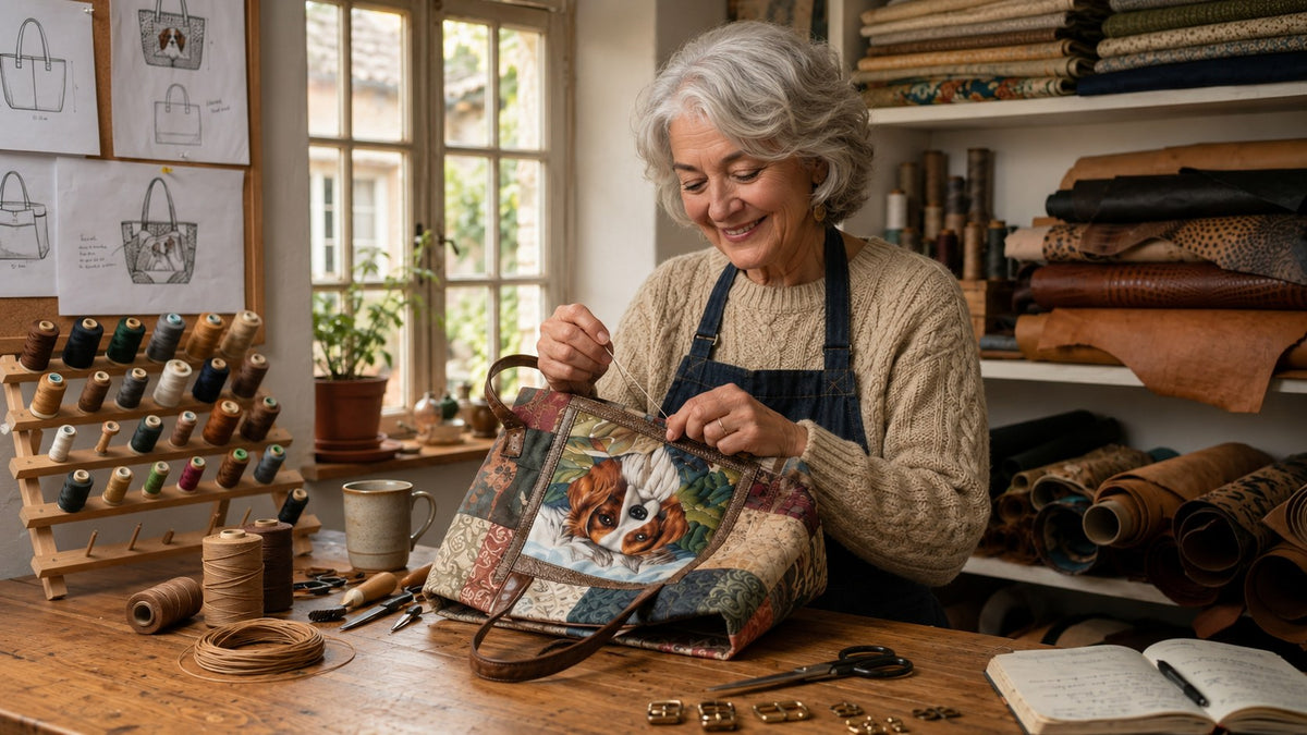A Harriet Oxford maker hand-stitching a quilted bag in the workshop