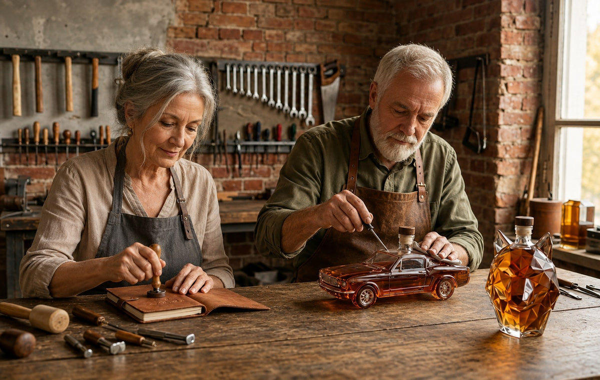 Two artisans at work in the Harriet Oxford workshop, finishing a whisky decanter